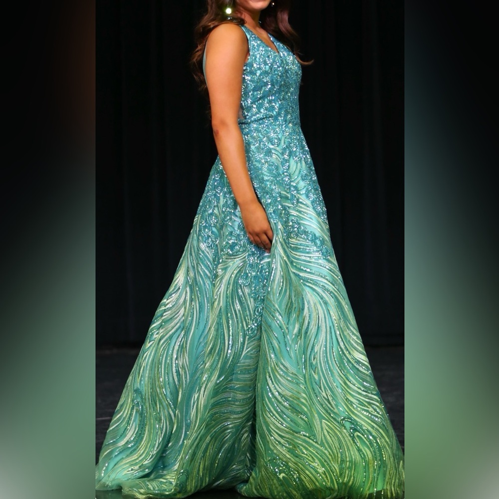 JVN by Jovani Teal Sequined Embellished Dress